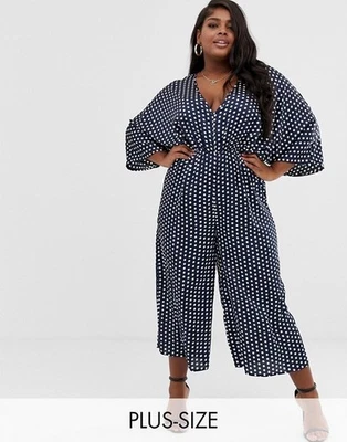 UK20 EUR48 Plus Curve Kimono-Sleeve Polka Dot Jumpsuit in Navy Wide leg Culotte - image 1 of 4