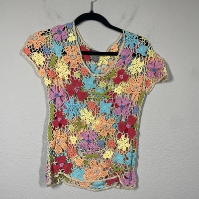 Kenar Womens Size Small Crochet Top Blouse Multicolor Floral Cotton Cap Sleeves - Image 1 of 4