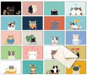 20 Greeting Cards, Blank Thank You Cards With Envelopes & Stickers-Cute Cat B... - Picture 1 of 6