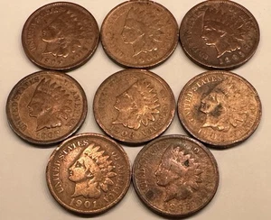 8 Old Indian Head Pennies Lot 1895–1907 US Copper Cents Circulated Collection - Picture 1 of 8