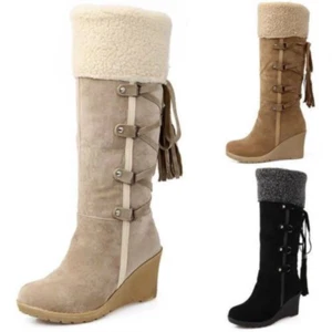 Women Platform Faux Fur Lined Knee High Boots Warm Lace Up Wedge Heel Boot Shoes - Picture 1 of 15