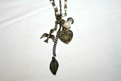 Collar ajustable con cadena, cuentas blancas, diamantes de imitación, corazón, pájaro, pluma Foto 1 de 3