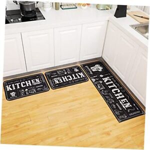 3 Pcs Rug Set Non Skid Thick Black Rugs and Mats Stain Resistant Anti Kitchen
