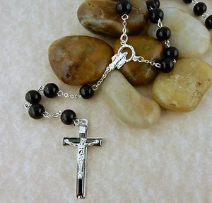 Silver Catholic rosary w/ 10mm round black gemstone beads, Christian, Jesus - Picture 1 of 3