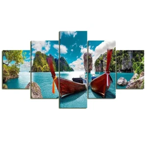 Boat Lake Landscape Sky Mountain Tree Nature 5 Piece Panel Canvas Wall Art Decor - Picture 1 of 3