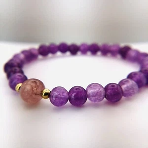 Purple Agate Stretchy Beaded Bracelet - Fits Small Wrists - 6mm 7in - Picture 1 of 2