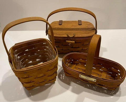 LONGABERGER BASKETS lot of 3  1989 small picnic, 1997 small basket, 1994 hostess Cover