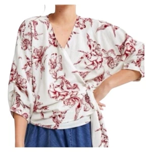 Zara Wrap Top Blouse Linen Blend Floral Tropical V Neck Side Tie - Picture 1 of 12