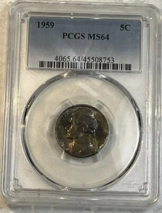 1959 Jefferson Nickel 5 Cents Certified By PCGS MS64 Toned With 5 Steps Showing - Picture 1 of 14