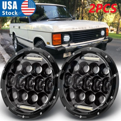 DRL 7" Round LED Headlights Hi/Lo For Land Rover Range Rover Classic 1970-1995 - Image 1 of 4