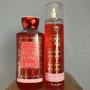 Bath & Body Works STRAWBERRY POUND CAKE Set Body Mist Shower Gel 2pc Lot - Picture 1 of 6