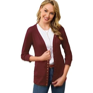 V-Neck Button Down Long Sleeve Soft Knit Cardigan Sweater 3/4 Sleeve Burgundy M - Picture 1 of 5
