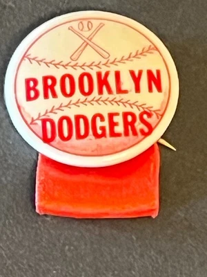 Vintage 1940's-50's Brooklyn Dodger Pin w/ribbon-- 1  1/4"-- trademark on back - Image 1 of 4
