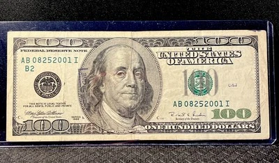 1996 $100 dollar bill, Federal Reserve NOTE AB08252001I [B2] Dbl 0’s / 1789 SEAL - Image 1 of 4