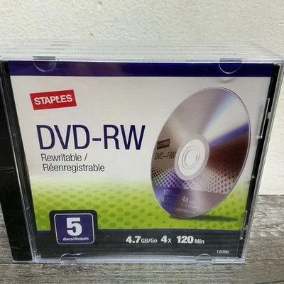 Staples DVD-RW 5 Pack 120 MIN. 4.7 GB Rewritable 5 Disc Set **SEALED** - Image 1 of 3