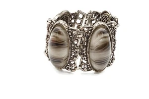 Pulsera Vintage Tono Plata Rayas Cabujón Etrusco 7.5" A1 - Imagen 1 de 8