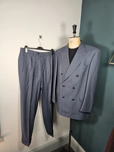Desch Double Breasted Suit UK 42/44 Blue Pinstripe Wool - Trousers 34 x 32 - Picture 1 of 22