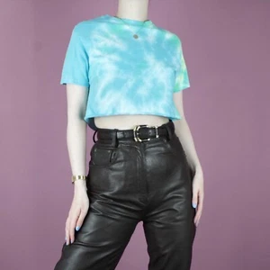 VINTAGE Tie-Dye Green Blue Cotton Crop Hippy Womens 90s T-Shirt Tee Top S 8 10 - Foto 1 di 9