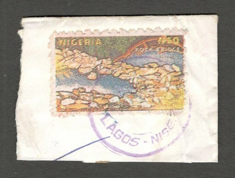 AOP Nigeria #560B 1990 Rock Bridge 50n POSTAL FORGERY on cover piece Cover