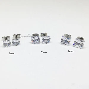 6/7/8mm Black/White/Red Square CZ for Men&Women Stainless Steel Earrings - Picture 1 of 6