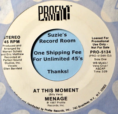 Menage At This Moment -Synth Pop EX++/NM DJ Promo 45 7" Vinyl -Check Coupons! - Image 1 of 3
