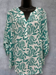 Chicos Flowy Tunic Top Tropical Floral Vacation Resort Size 2 Teal Roll Tab - Picture 1 of 9
