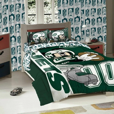 TWIN Disney Mickey Mouse NFL Comforter w/ 1 Pillowcase Shams New York Jets Green Cover