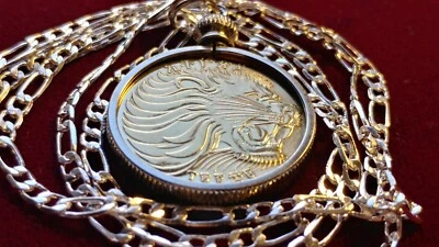 Colgante Moneda León Africano Grande Latón Dorado 28" Plata de Ley 925 Cadena 2.5MM,  Foto 1 de 4