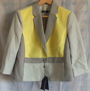 BIANCA VESTE TAILLE 40 LIN ET VISCOSE MANCHES 3/4 GRIS BEIGE ET JAUNE - Picture 1 of 1