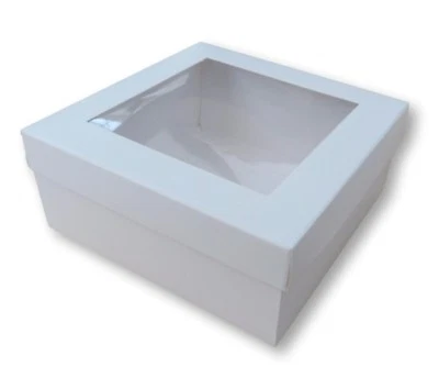 1 WHITE 5 x 5 INCH BOX WITH WINDOW LID, GIFTS, GARMENTS, CAKES ETC - Image 1 of 3