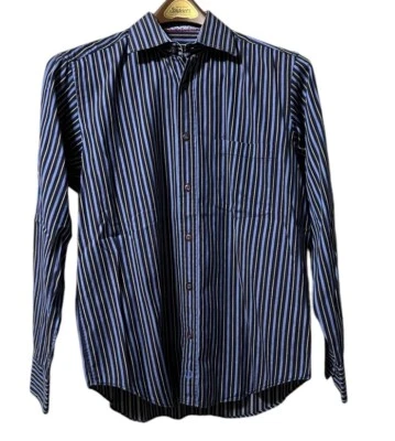Bugatchi Button Down Shirt Flip Cuff Striped Blue Mens Size Measured Classic - Image 1 of 4