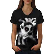Wellcoda Lemur Head Theme Womens V-Neck T-shirt, Black&White Graphic Design Tee