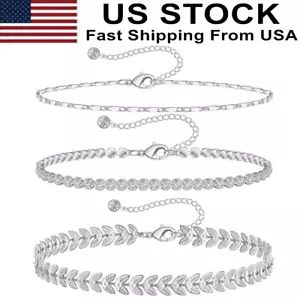 Gold Ankle Bracelets for Women 14kGold Plated Anklet Silver Tennis Rose Quartz - Picture 1 of 7