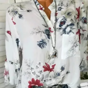 Lady Chiffon Printed Shirts V-neck Long Sleeve Floral Blouse Tops Summer Fashion - Picture 1 of 12