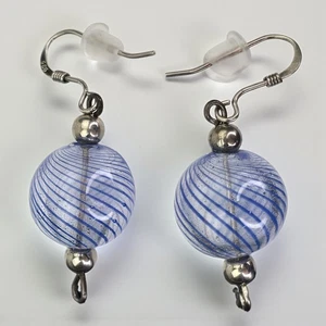 Vintage Ventian italienische Kunst Glas blaue Streifen Kugel Ohrringe Sterlingsilber  - Bild 1 von 5