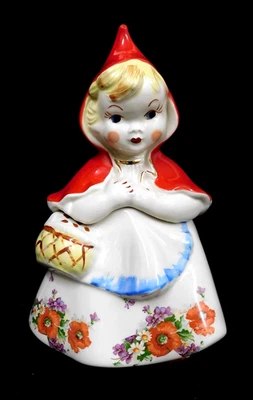 Tarro de galletas de cerámica Hull Little Red Riding Hood años 40 #967 con cesta abierta Foto 1 de 4