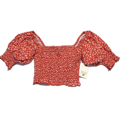 NWT Billabong Coastal Sands Knit Top Shirt Puff Sleeves Smocked Cropped Floral L - Image 1 of 4