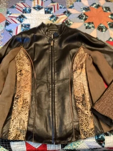Black Leather Jacket / Koo Of Course! Size L  With Tweed & Animal Print, Zip Up - Picture 1 of 5