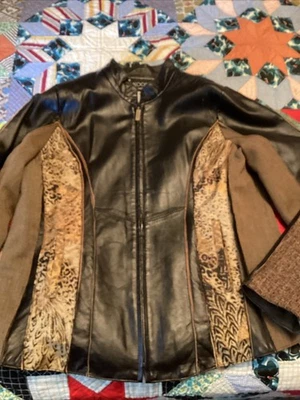 Black Leather Jacket / Koo Of Course! Size L  With Tweed & Animal Print, Zip Up - Image 1 of 4