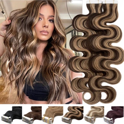 THICK Russian Tape In Body Wave 100% Human Remy Hair Extensions Skin Weft 150G U - Image 1 of 4