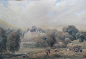 19th C Large Watercolour. Inglethorpe Grange, N.Yorks. Figures Loading Hay - Picture 1 of 8
