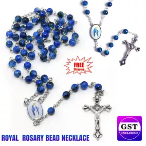 NEW Rosary Beads Bead Blue Glass Necklace Crucifix Catholic Jesus Mary Catholic - Picture 1 of 12
