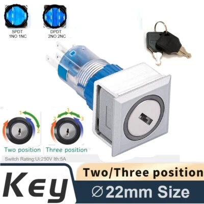 22mm SPDT/DPDT 5A 250V 2/3Position Silver Square LED Plastic Selector Key Switch - Image 1 of 4