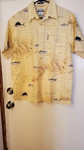Columbia Fishing Shirt, Mens M, Yellow Marlin Swordfish Button Up Short Sleeve - Picture 1 of 3