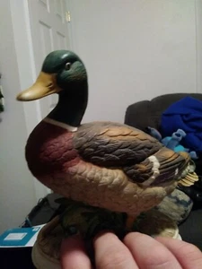 Vintage Mallard Duck on Pedestal Porcelain Duck Figurine Green Brown Rust Beige - Picture 1 of 7
