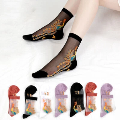 女士透明花朵花边袜水晶丝绸短踝薄袜夏季 — 第 1/4 张图片