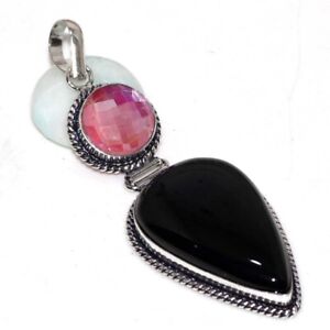 Black Onyx Pink Aqua Mystic Ethnic Top Design Pendant Jewelry 3.4" AU F979