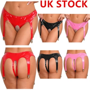 UK Women's Leather Panties Open Crotch Briefs Leg Garter Thong with Garter Clips - Picture 1 of 38