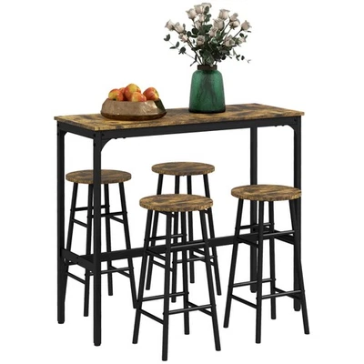 HOMCOM 5 Piece Bar Set, Industrial Kitchen and Chair Set Rustic Brown - Image 1 of 4