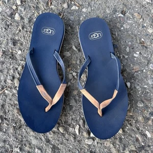 UGG Sandals Thong Flip Flops Size 10 Women’s Blue Tan Leather Straps 1007563 - Picture 1 of 7
